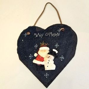 Henton Santa And Snowman Slate Stone Leather Hanging Strap Adorable Vintage